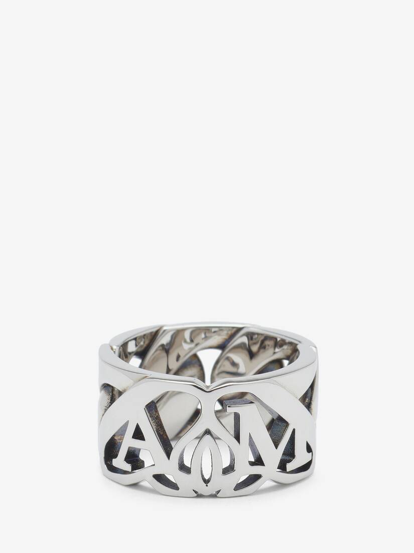 Alexander McQueen Seal Logo Chain Ring in Metallic for Men