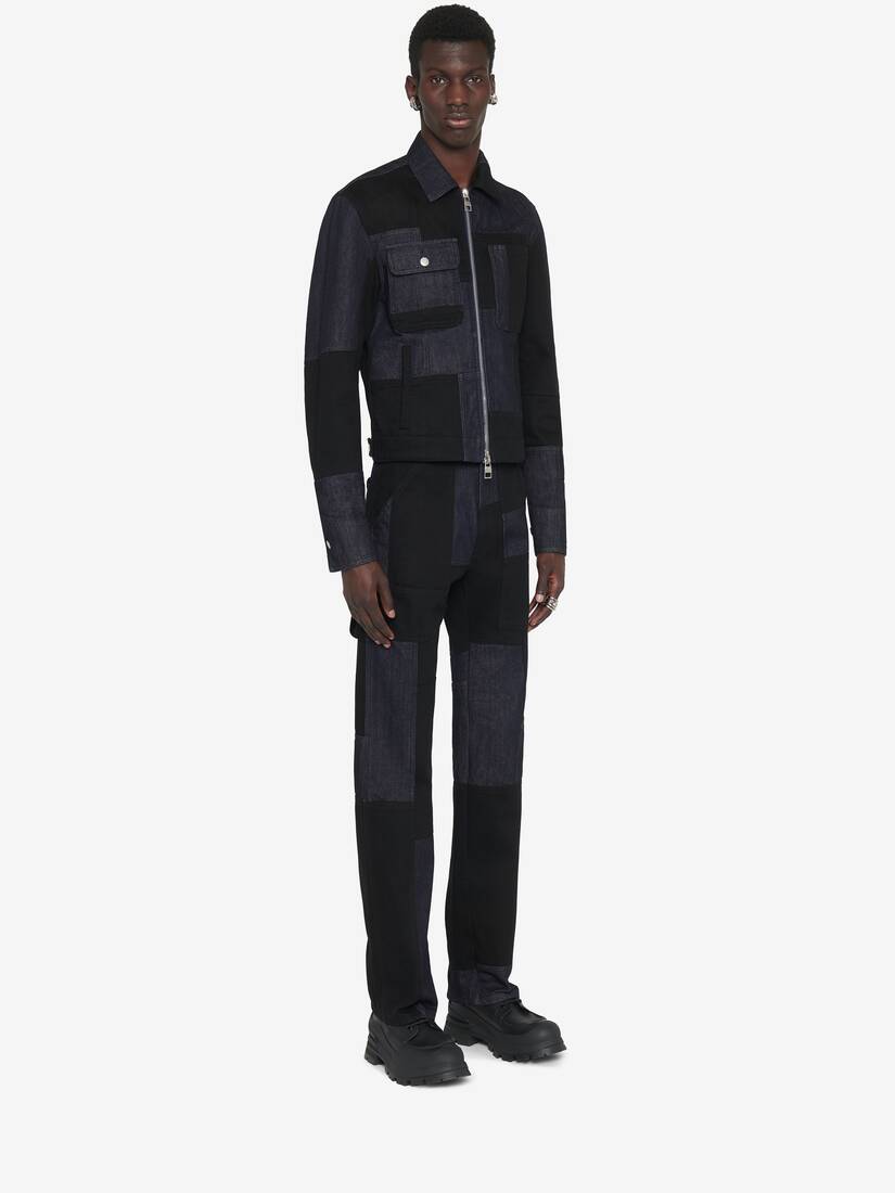 Patchwork Denim Jacket in Indigo/Black | Alexander McQueen US
