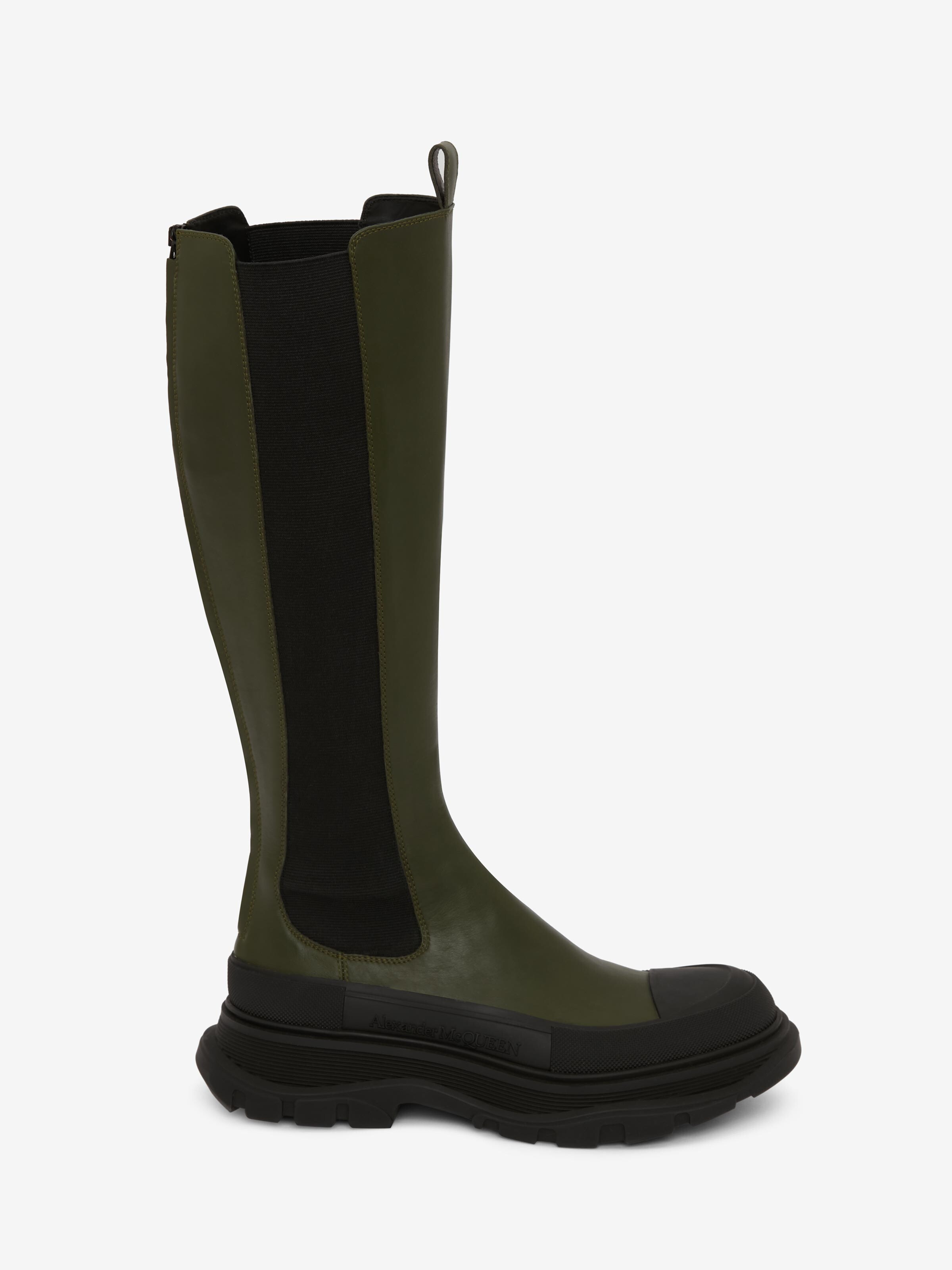Alexander Mcqueen 40mm Tread Slick Leather Tall Boots In Khaki
