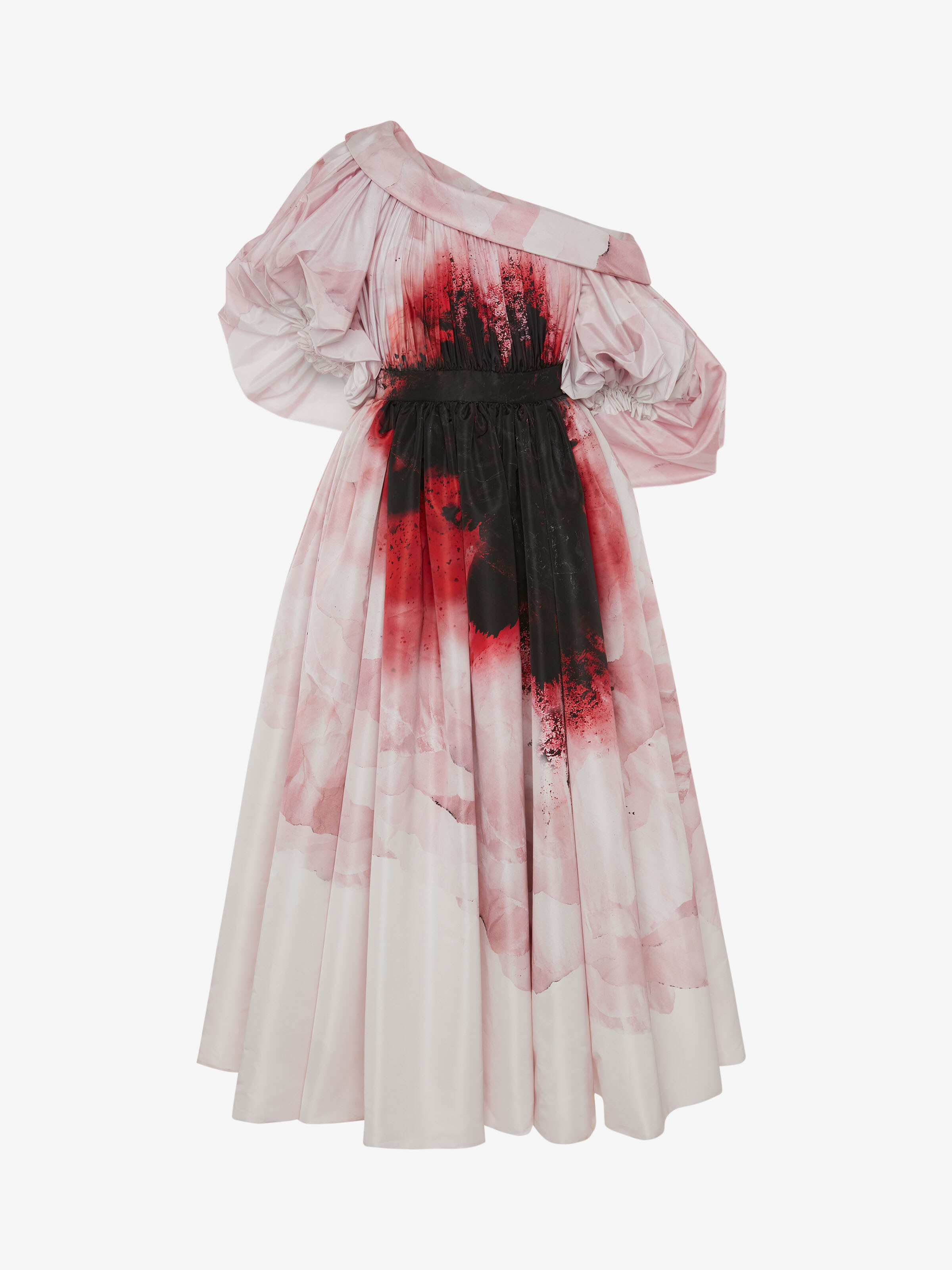 alexander mcqueen pink and black dress Alexander - A dress with off-the-shoulder drape and a tiered skirt in washed silk organza dip-dyed albion pink and black