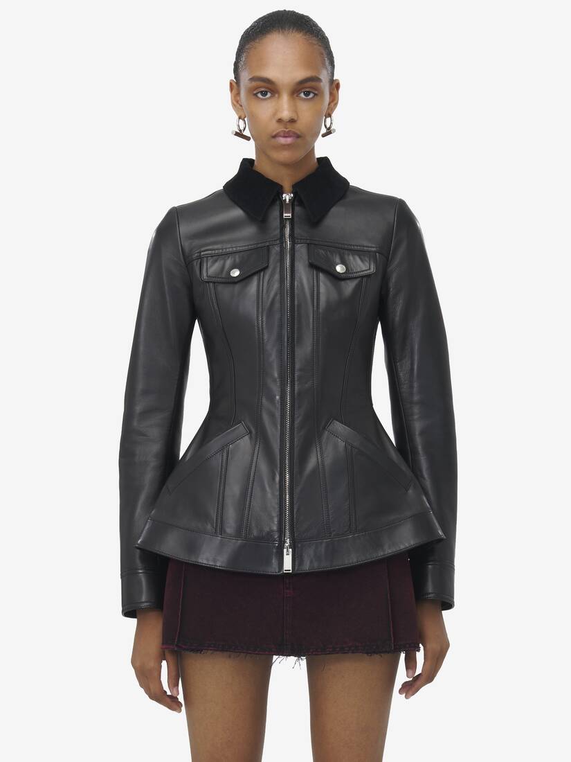 Alexander Mcqueen Women s Black Peplum Leather Jacket 36 Lamb Leather