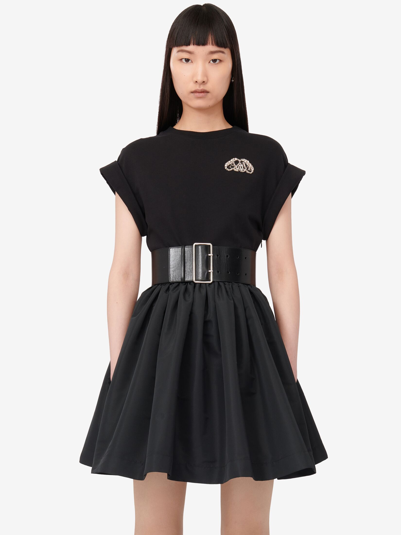 Lace Detail Slashed Mini Dress in Black | Alexander McQueen US