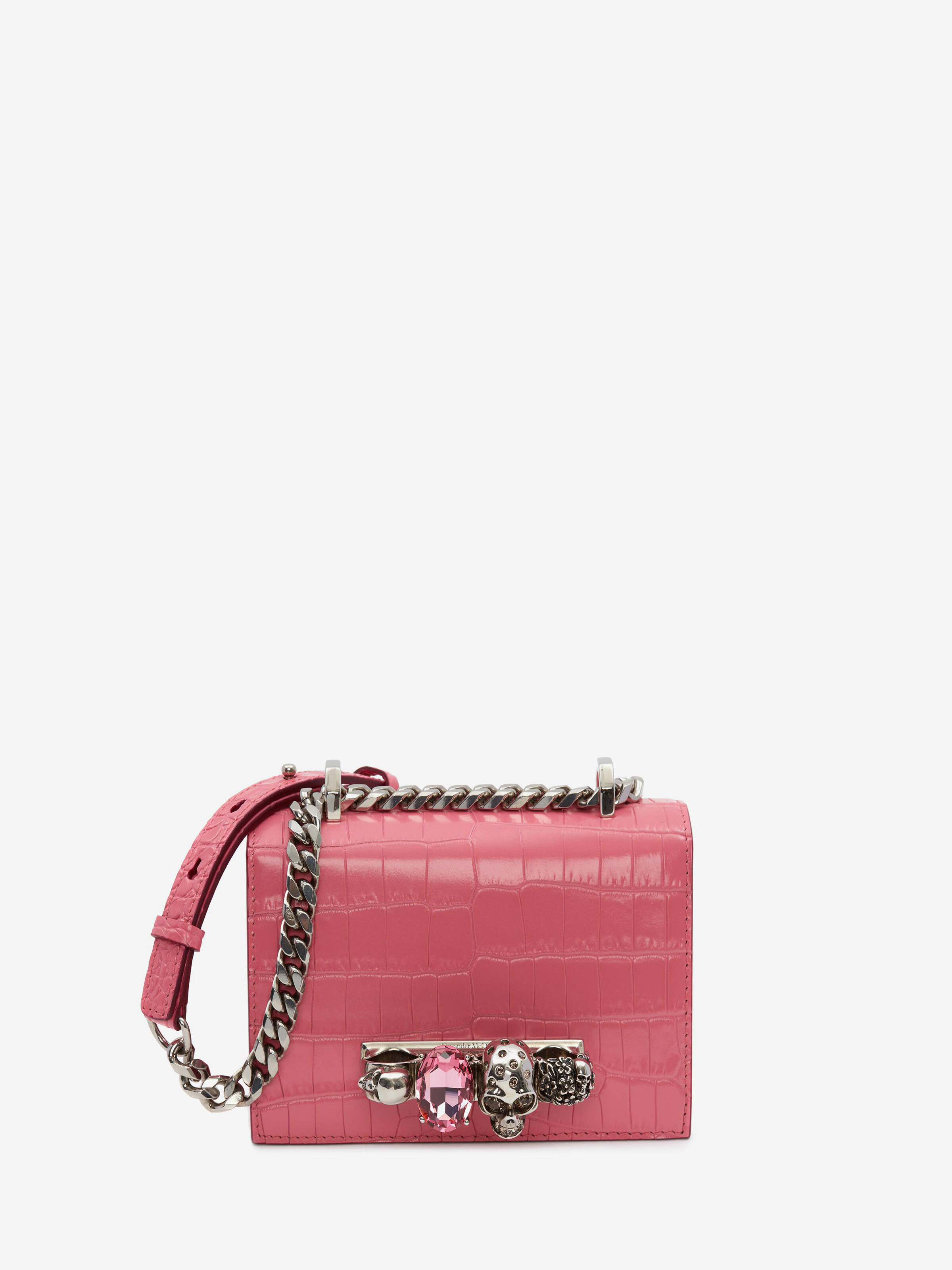 Alexander Mcqueen Mini Jewelled Croc Embossed Leather Crossbody Bag In Pink