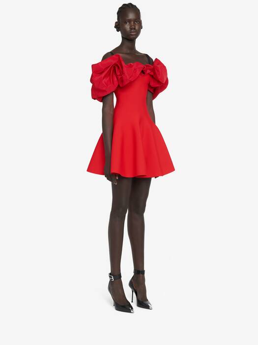 Hybrid Ruffled Mini Dress in Red/Black | Alexander McQueen US