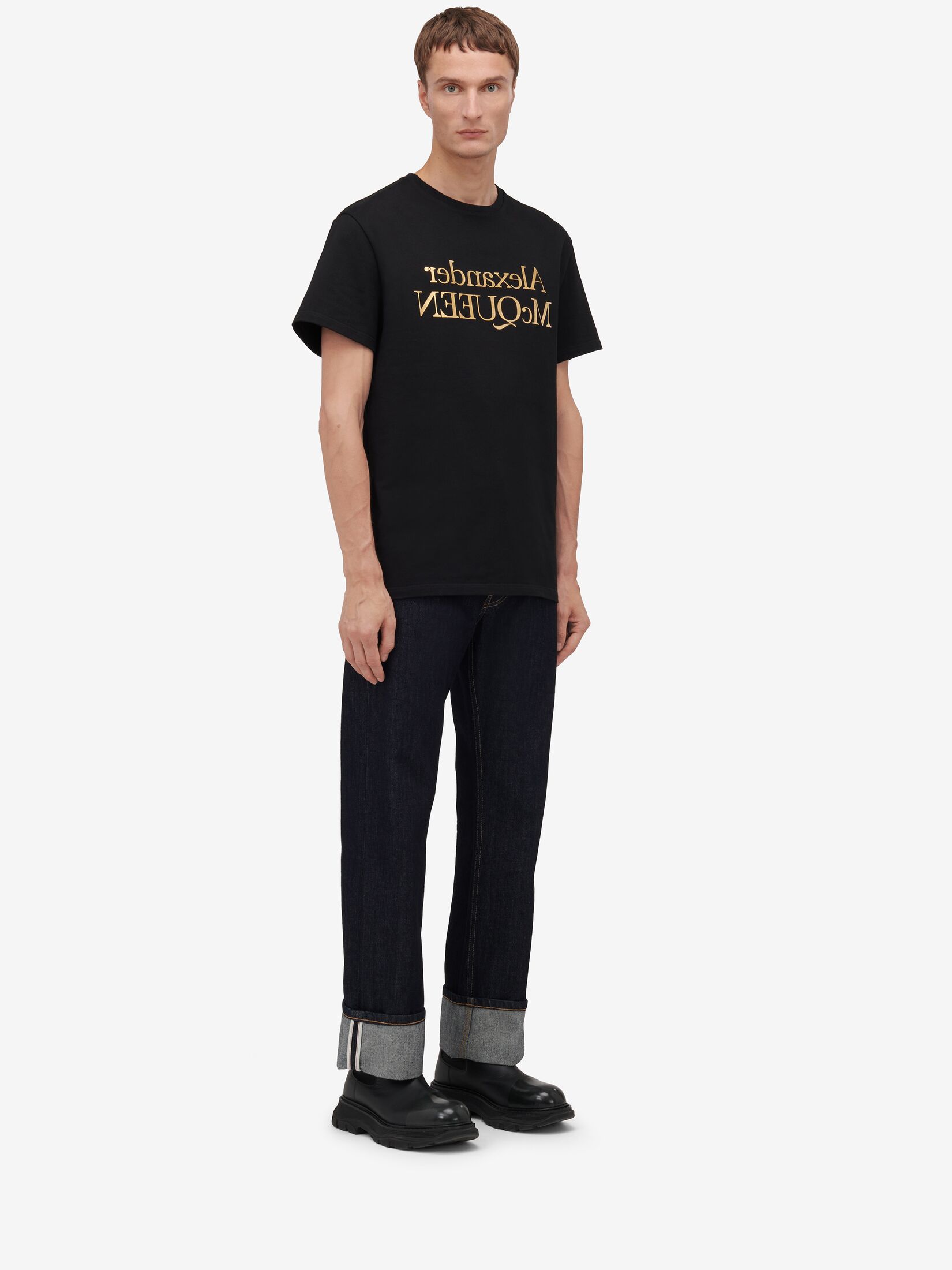 Reflected Logo T-shirt in Black/ Gold | Alexander McQueen US
