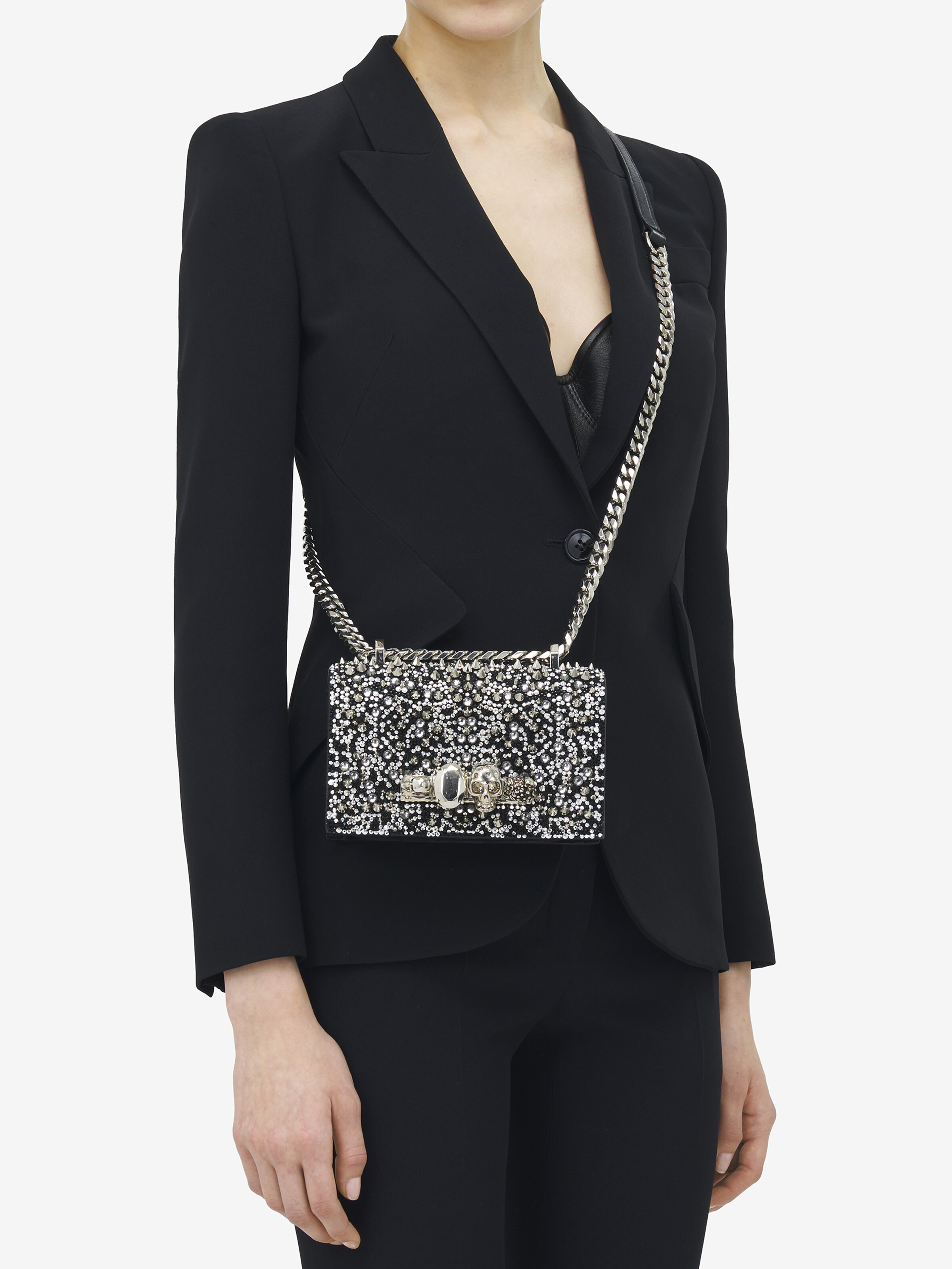 Alexander Mcqueen Jeweled Mini Crystal Satchel Bag In Black/silver