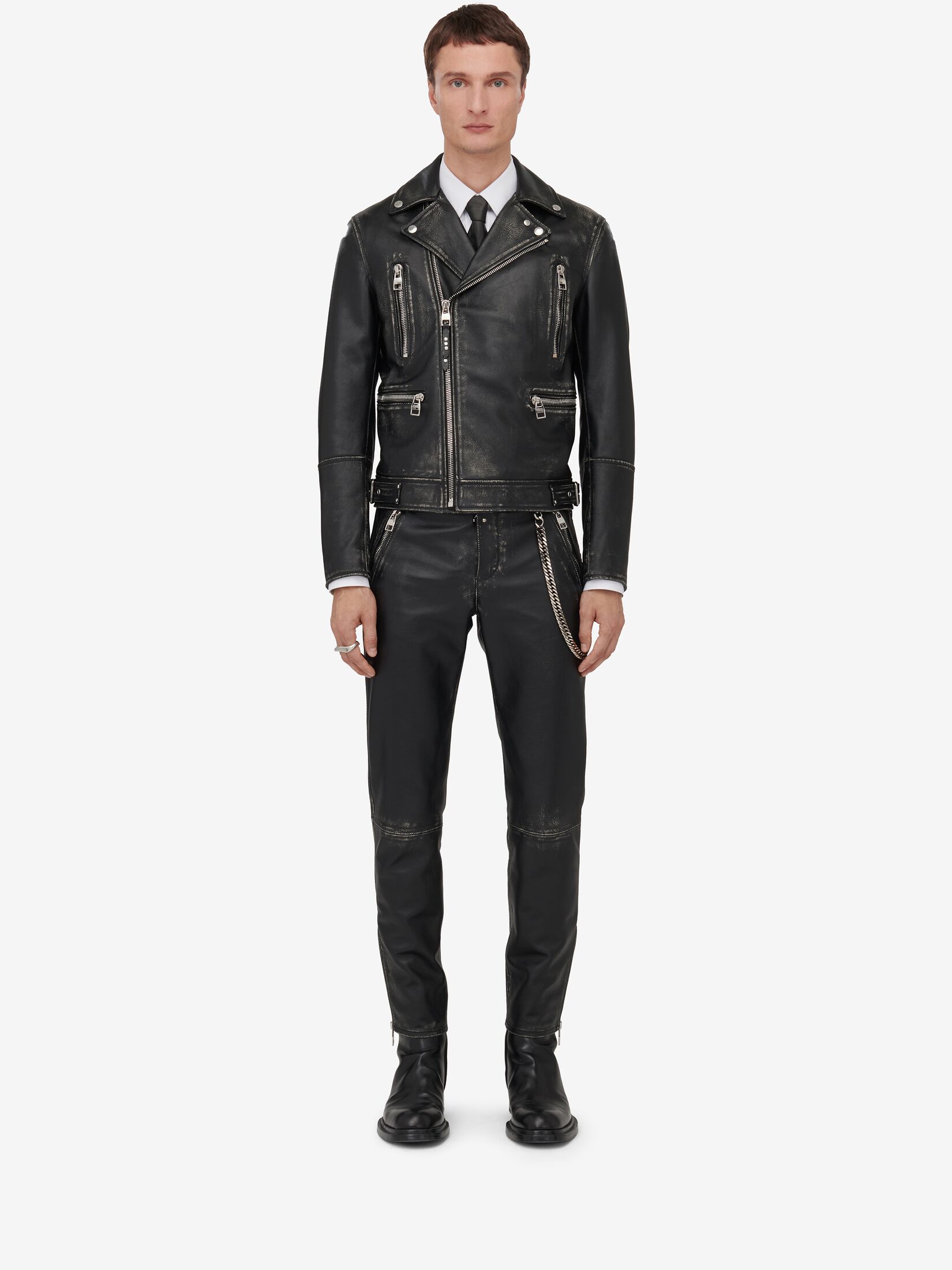 Leather Biker Jacket in Black/Ivory | Alexander McQueen GB