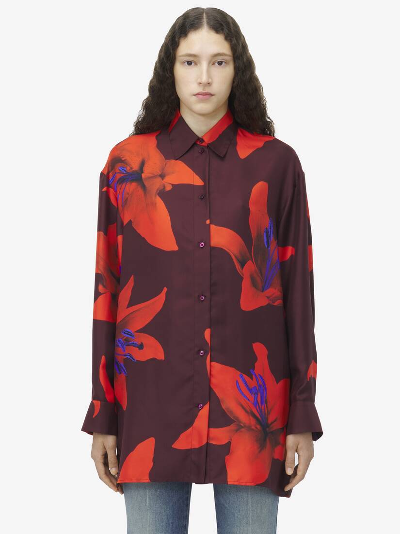 Women's Flame Lily Pyjama Shirt in Burgundy/Fire Red | McQueen US