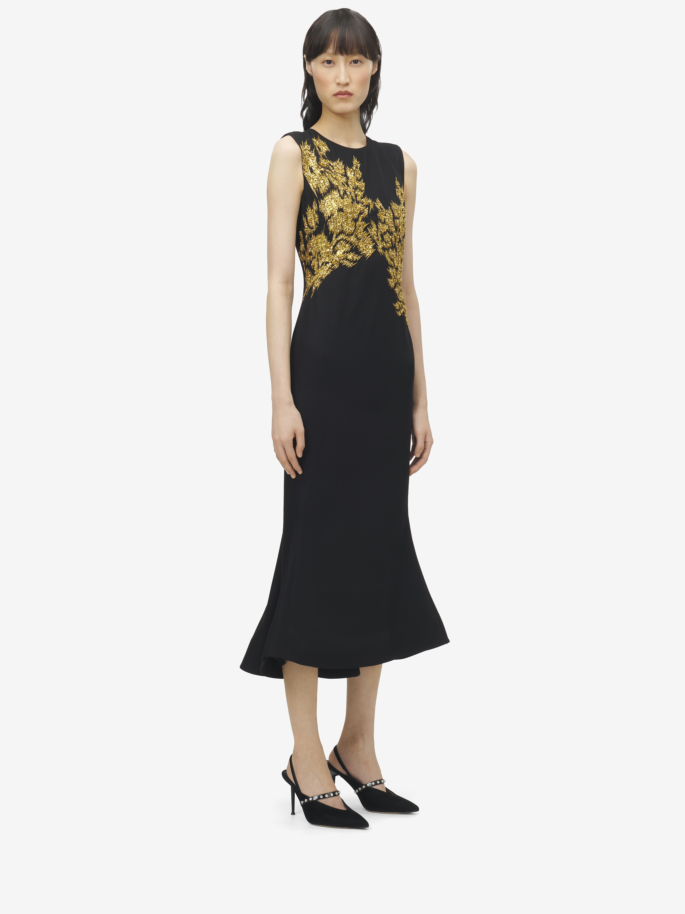 Warped Floral Embroidery Midi Dress