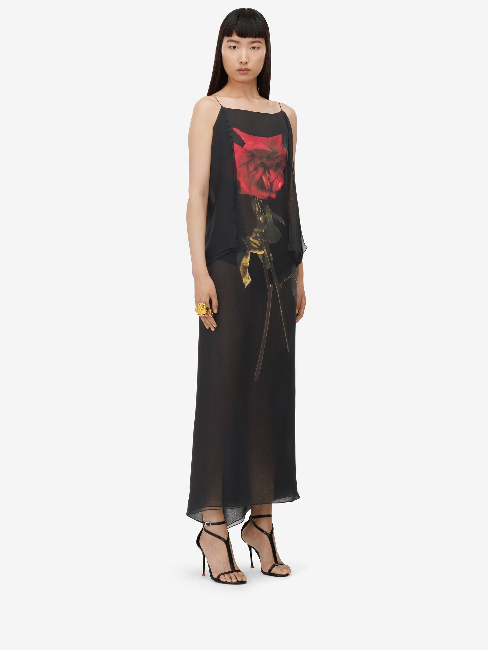 Trägerkleid aus Chiffon mit Shadow Rose-Motiv