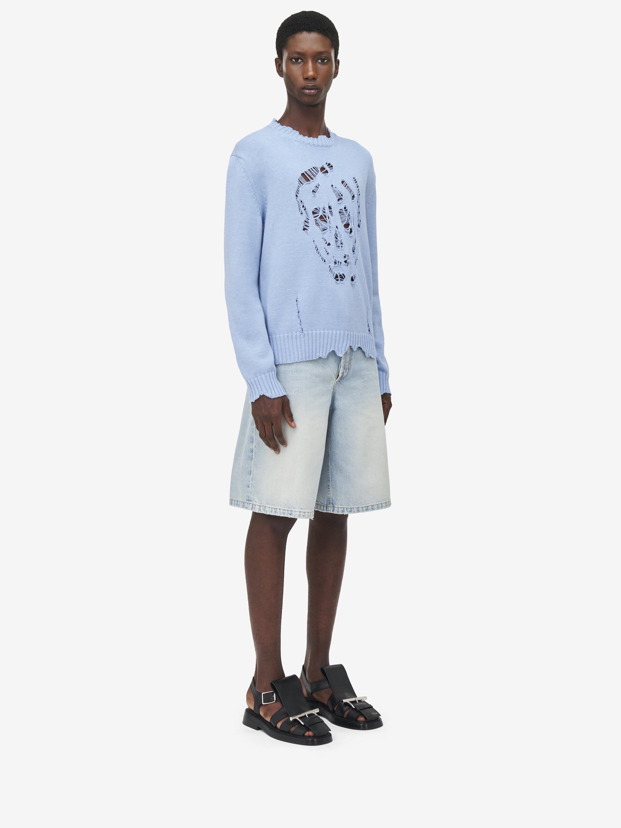Men's Distressed Skull Jumper in Shirting Blue in 100% Cotton | Alexander McQueen - image 3