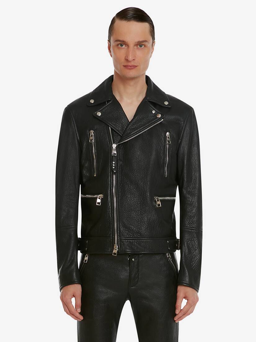 Men's McQueen Classic Leather Biker Jacket in Black