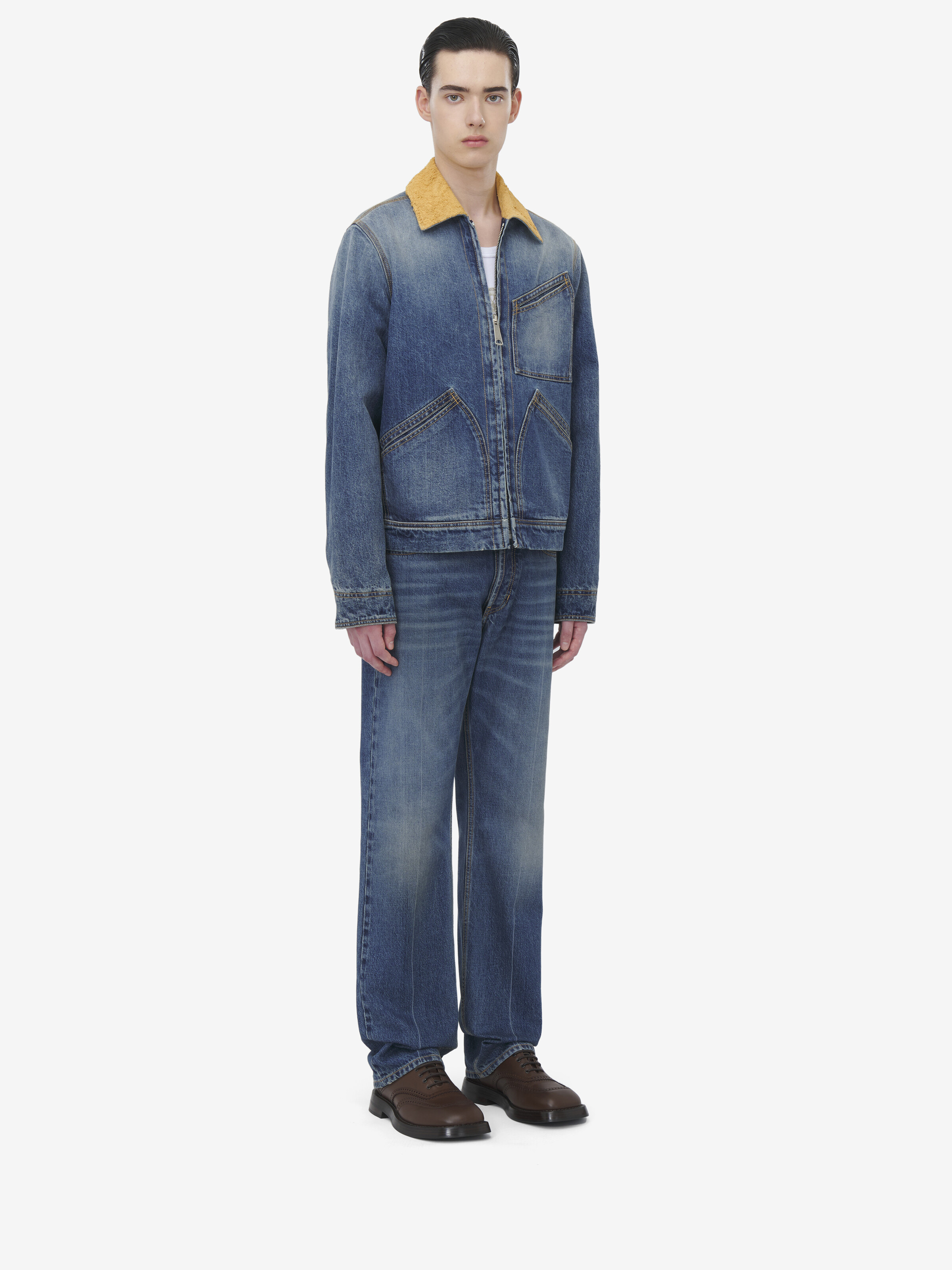 Jeansjacke mit Kragen aus Veloursleder