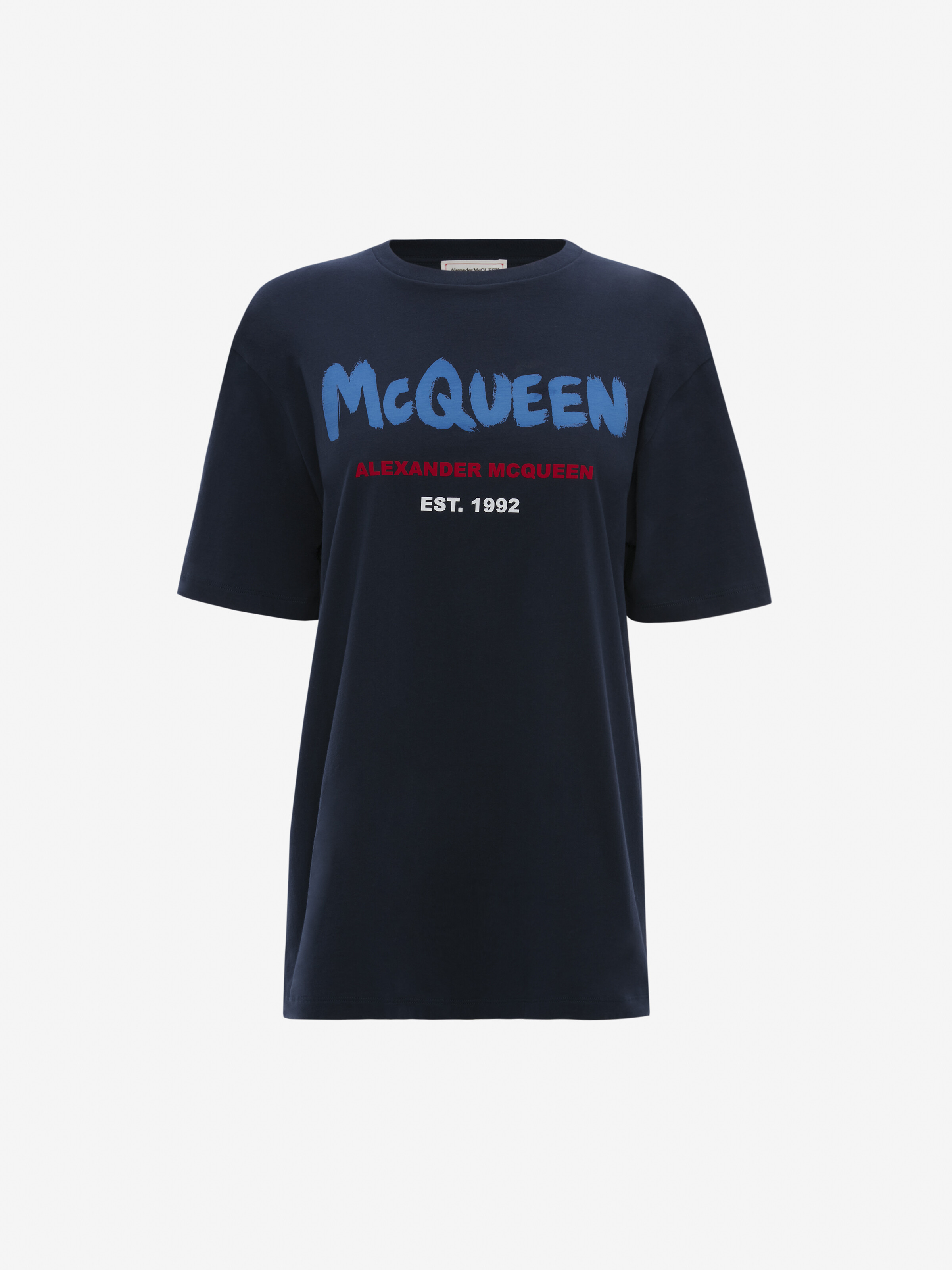 Alexander Mcqueen Unisex Graffiti Glitter Logo Cotton Graphic Tee In Navy