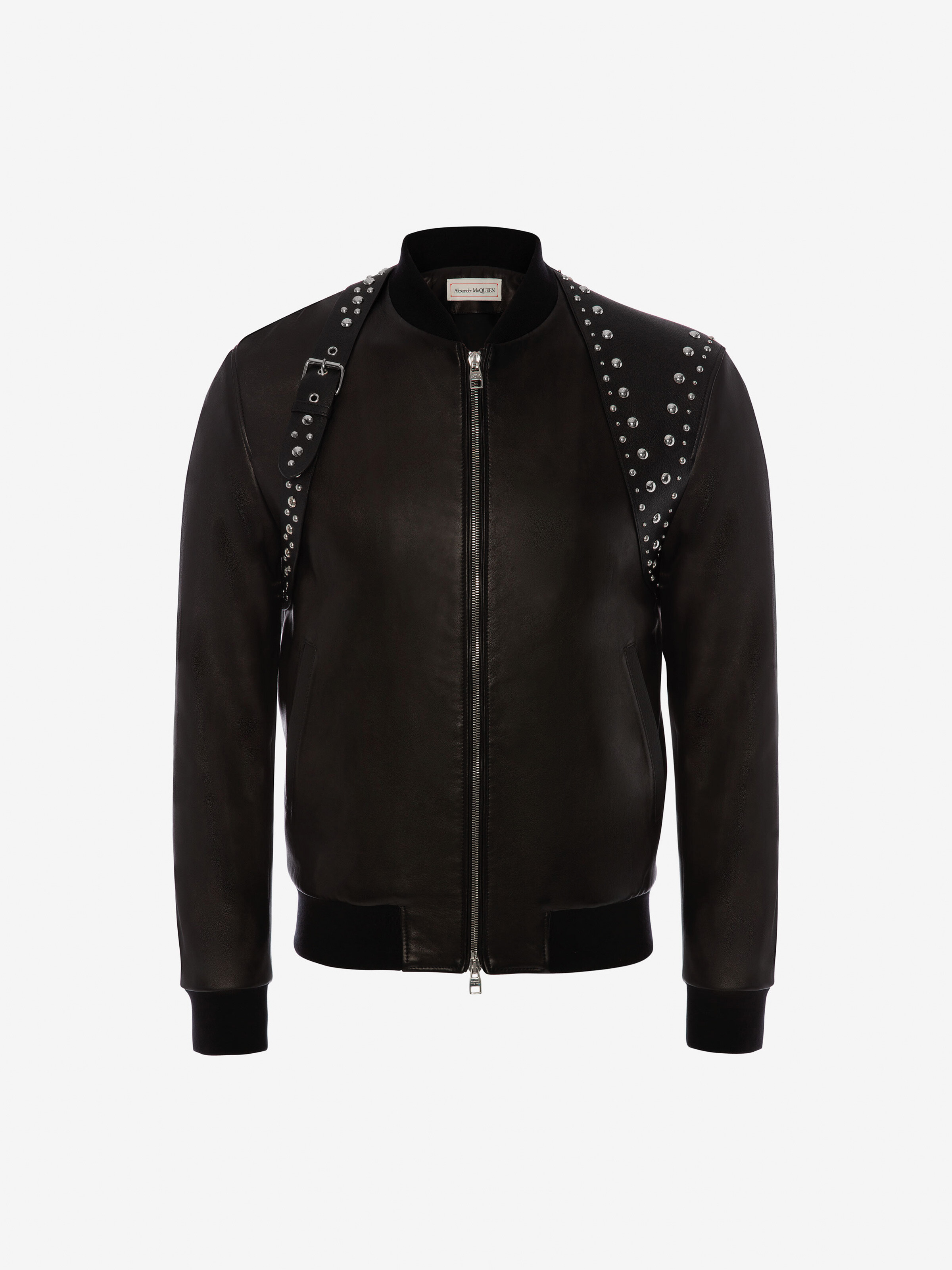 ALEXANDER MCQUEEN STUDDED HARNESS LEATHER BOMBER JACKET,576093Q5HRM