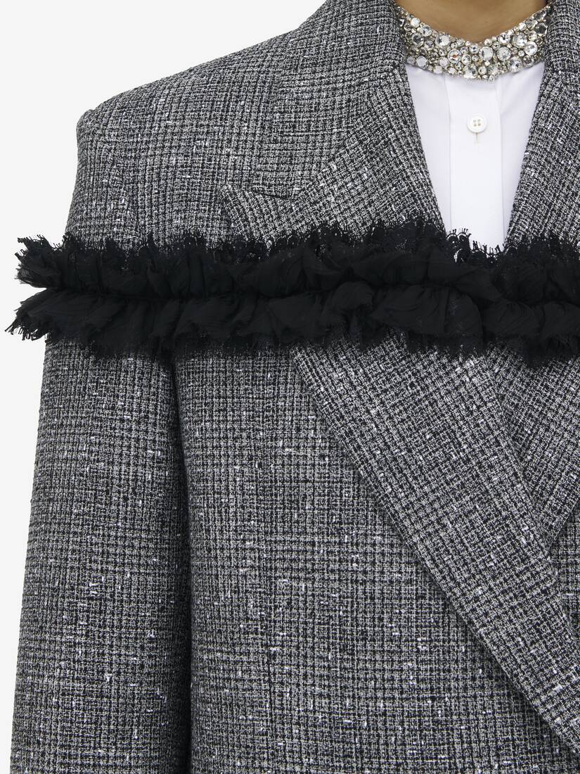 Slashed Creponne Detail Tweed Check Coat