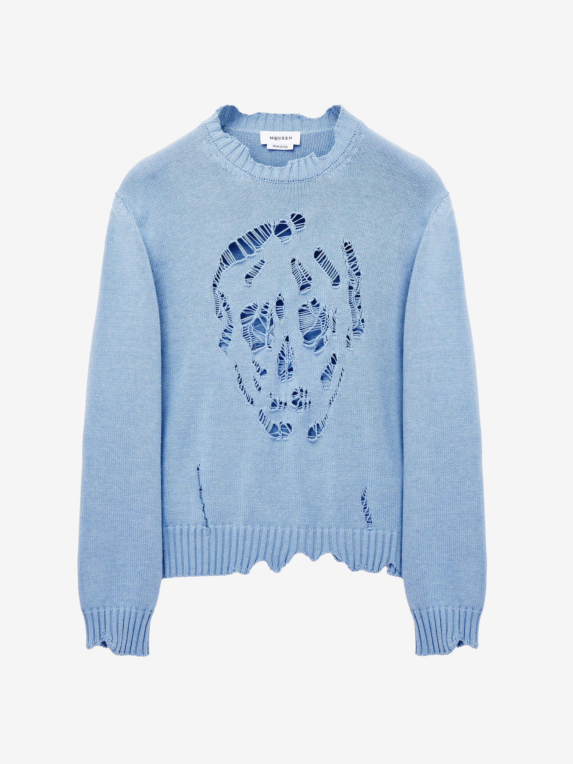 Men's Distressed Skull Jumper in Shirting Blue in 100% Cotton | Alexander McQueen - image 1