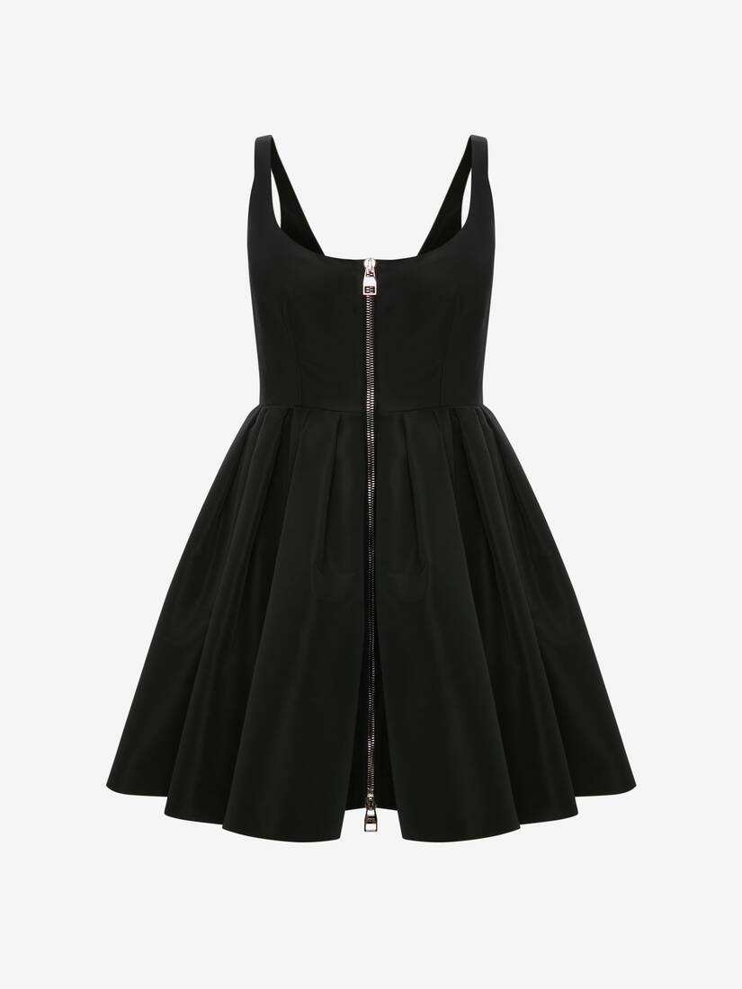 Zip Detail Polyfaille Mini Dress in Black