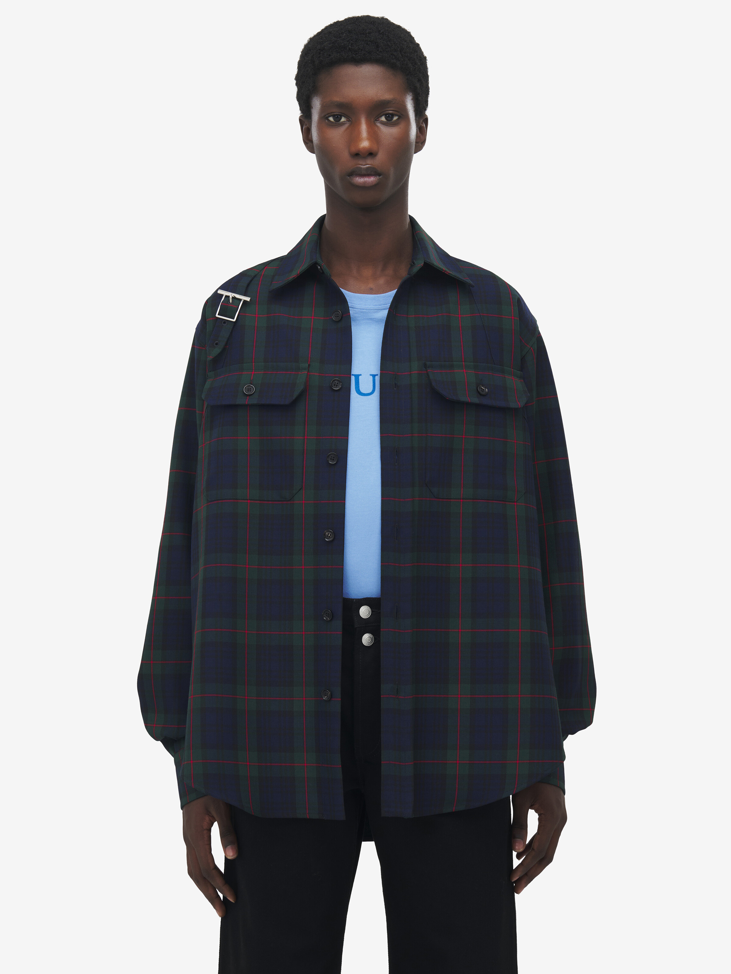Men's Tartan T-Bar Harness Overshirt in Black/Navy/Green in 55% Polyester, 45% Wool | Alexander McQueen - image 1