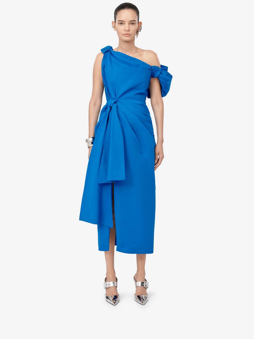Knotted Asymmetric Pencil Dress in Lapis Blue | Alexander McQueen US