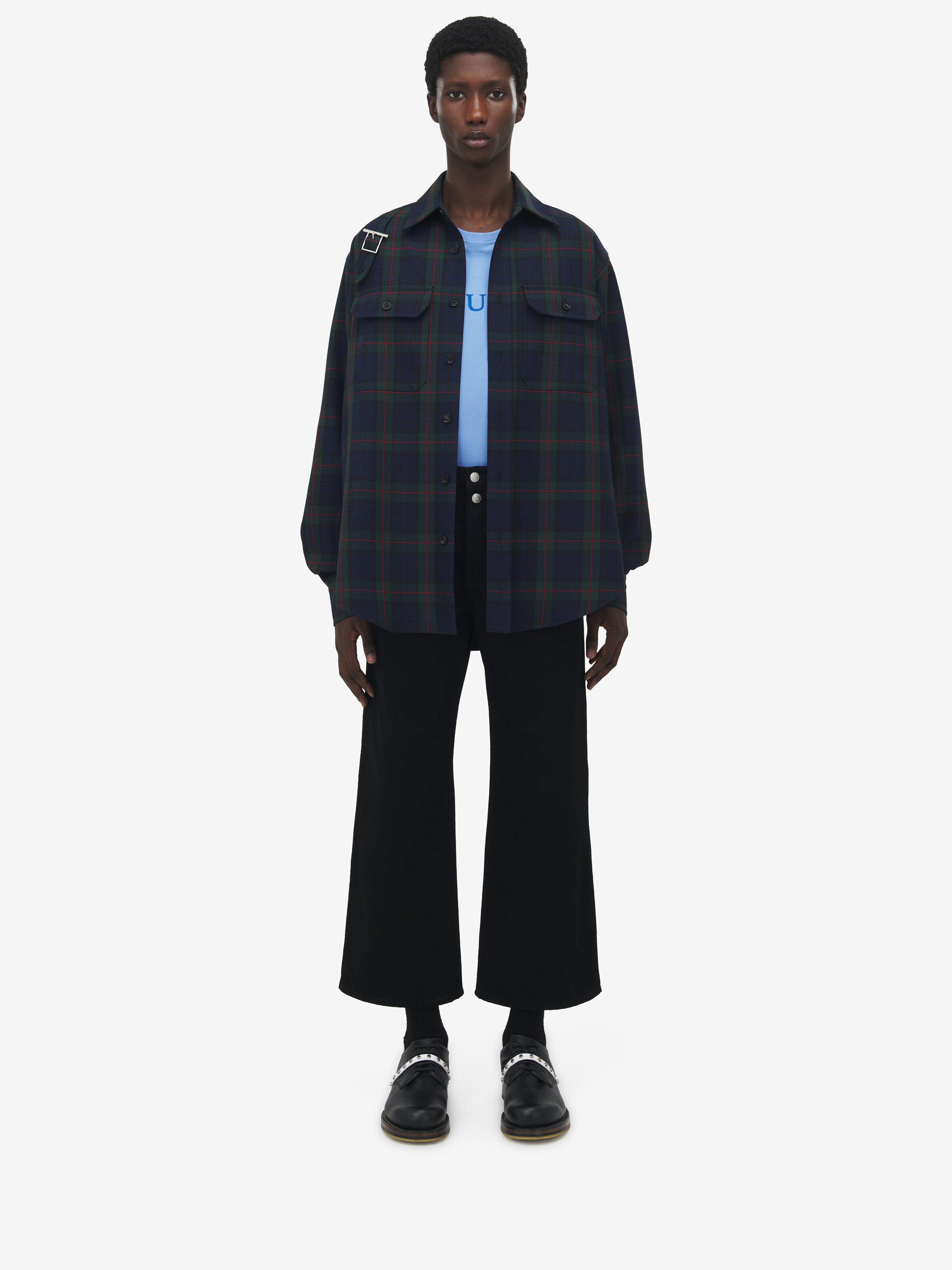 Men's Tartan T-Bar Harness Overshirt in Black/Navy/Green in 55% Polyester, 45% Wool | Alexander McQueen - image 3