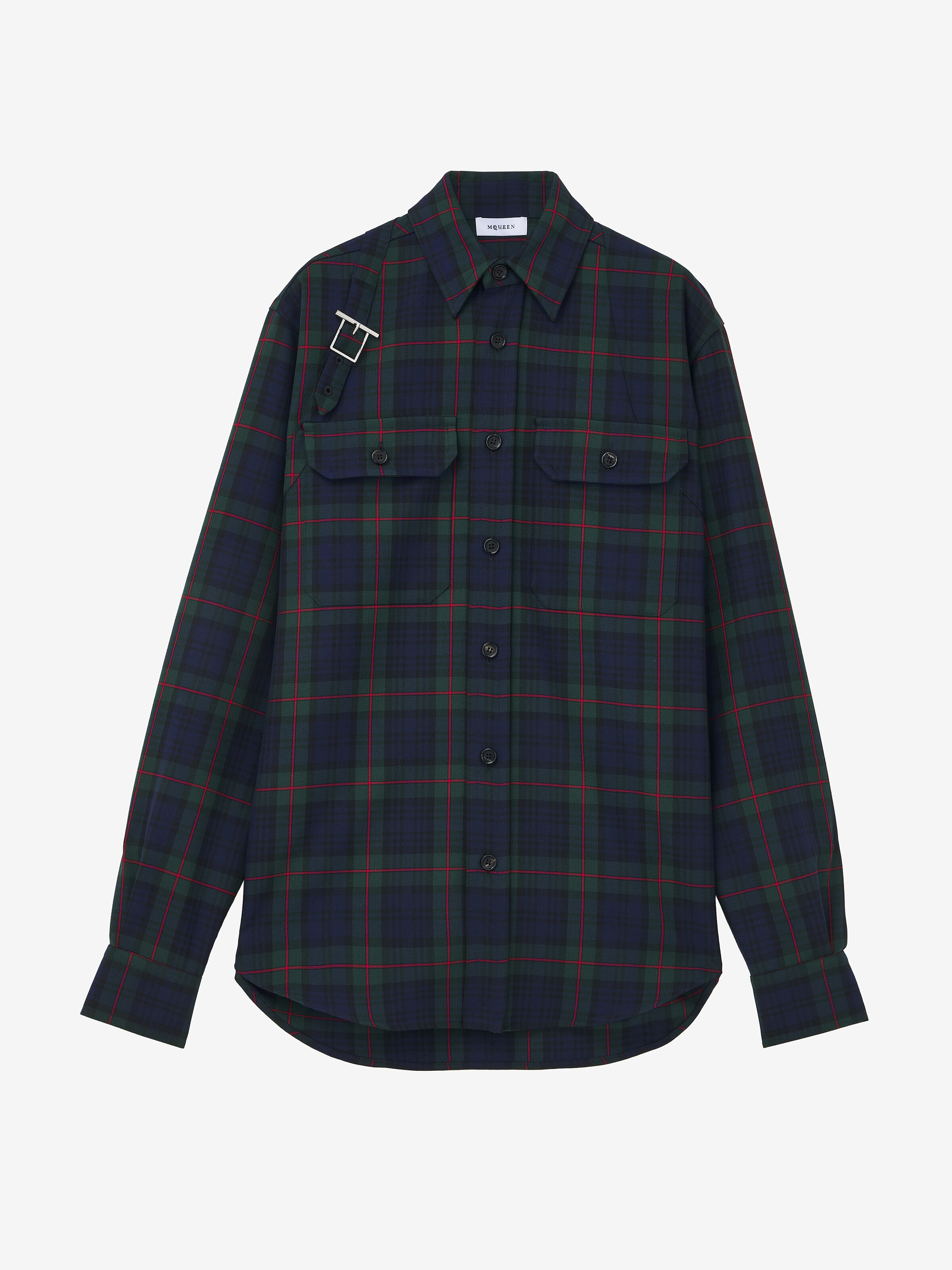 Men's Tartan T-Bar Harness Overshirt in Black/Navy/Green in 55% Polyester, 45% Wool | Alexander McQueen - image 2