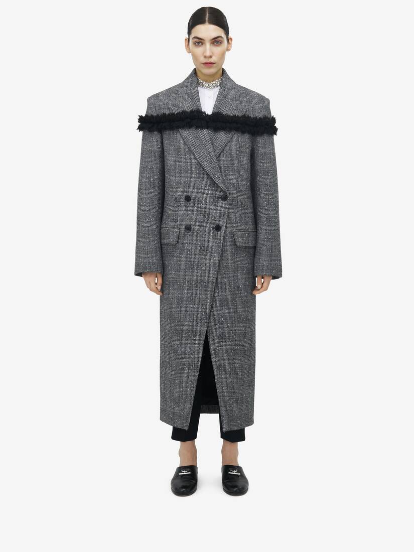 Slashed Creponne Detail Tweed Check Coat