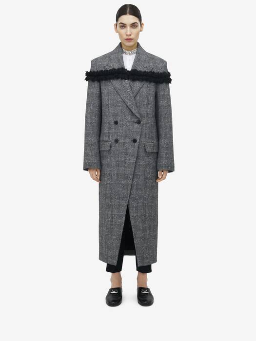 tain double push×playboy CHECK COAT Women's Slashed Creponne Detail Tweed Check Coat in Black