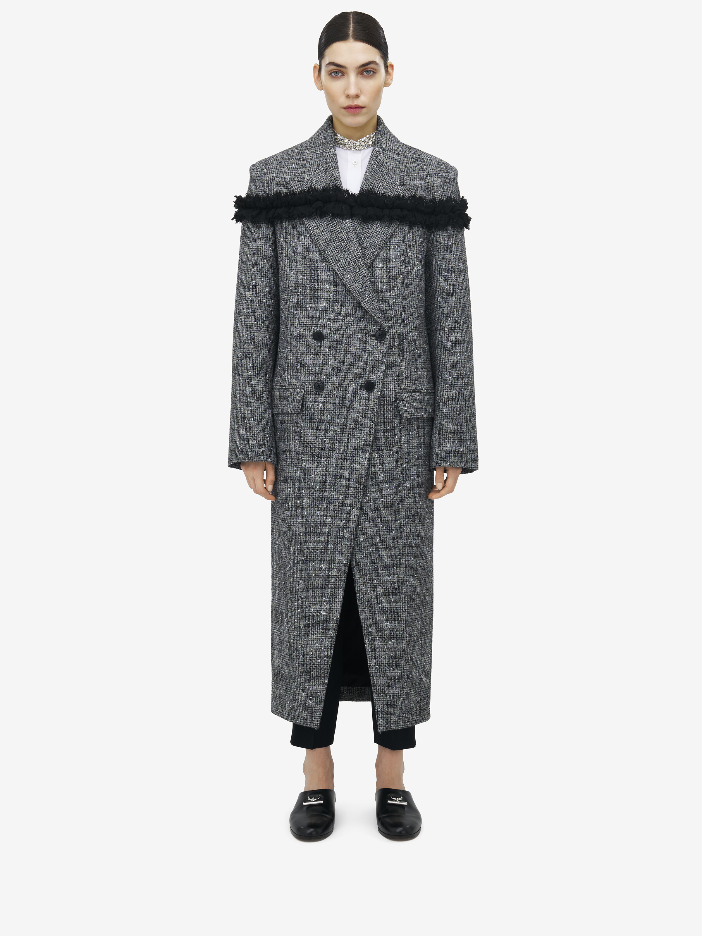Slashed Creponne Detail Tweed Check Coat
