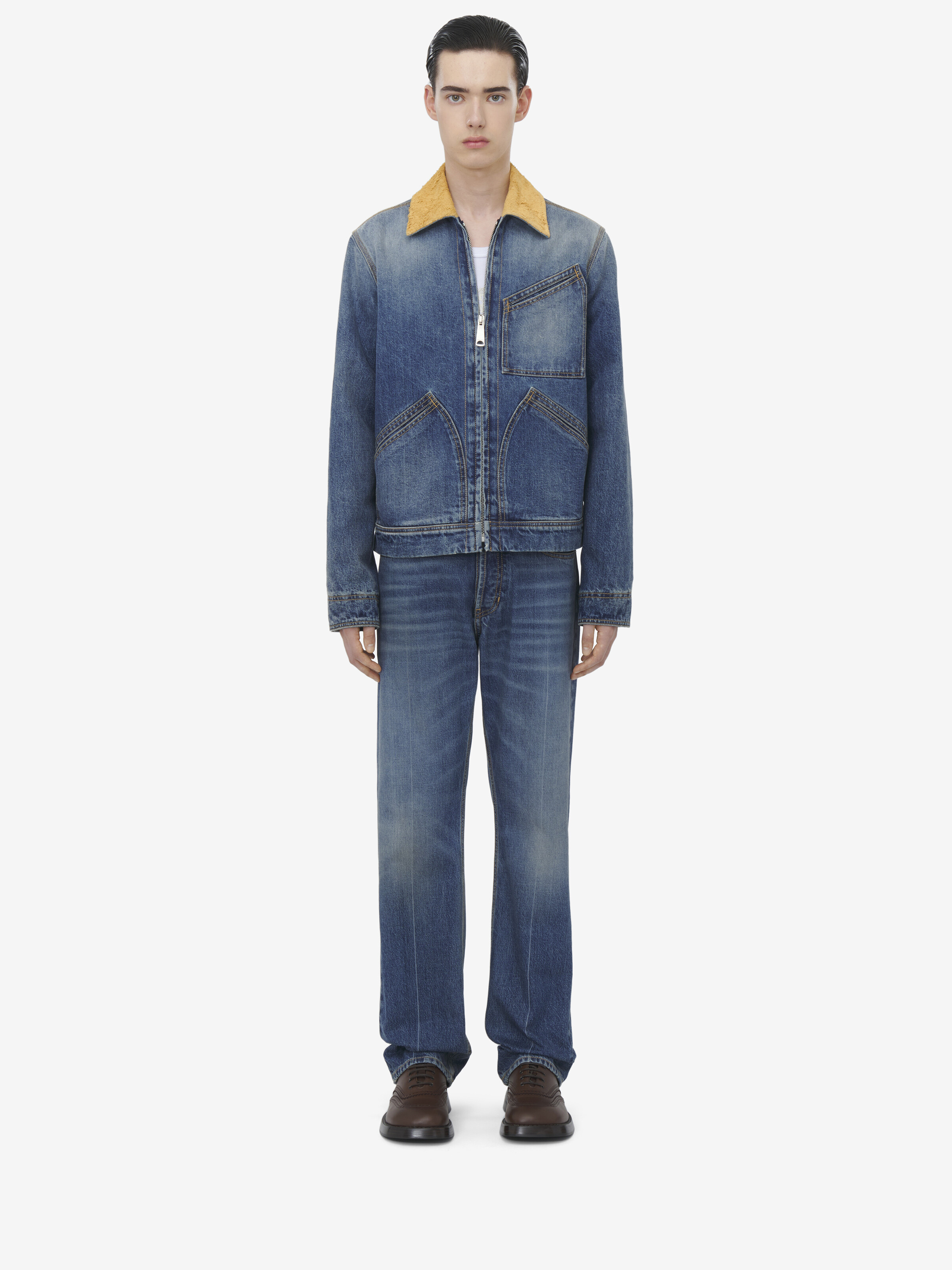 Jeansjacke mit Kragen aus Veloursleder