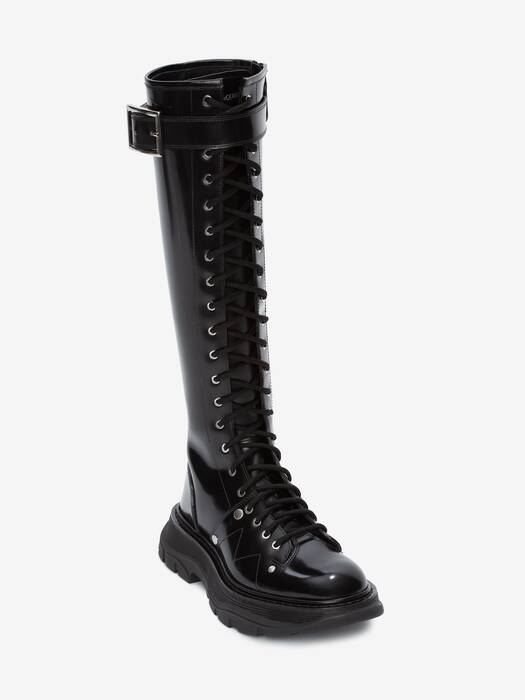 Tread Slick Knee-high Boot in Black/Silver | Alexander McQueen US