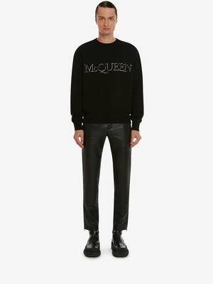 McQueen Embroidered Crew Neck Sweater in Black/White | Alexander McQueen US
