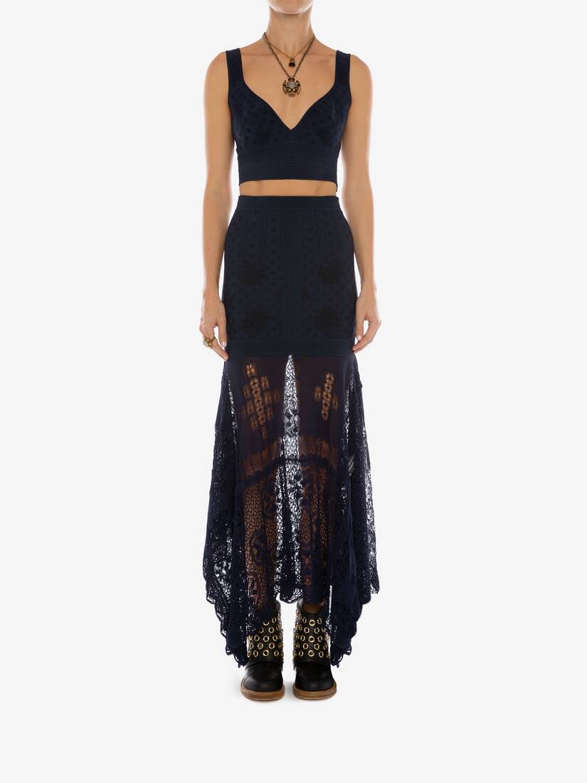 Patchwork Lace Knitted Skirt in Navy
