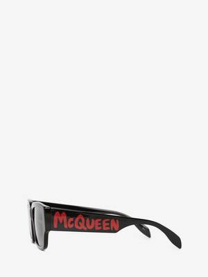 McQueen Graffiti Rectangular Sunglasses in Black/Red | Alexander 