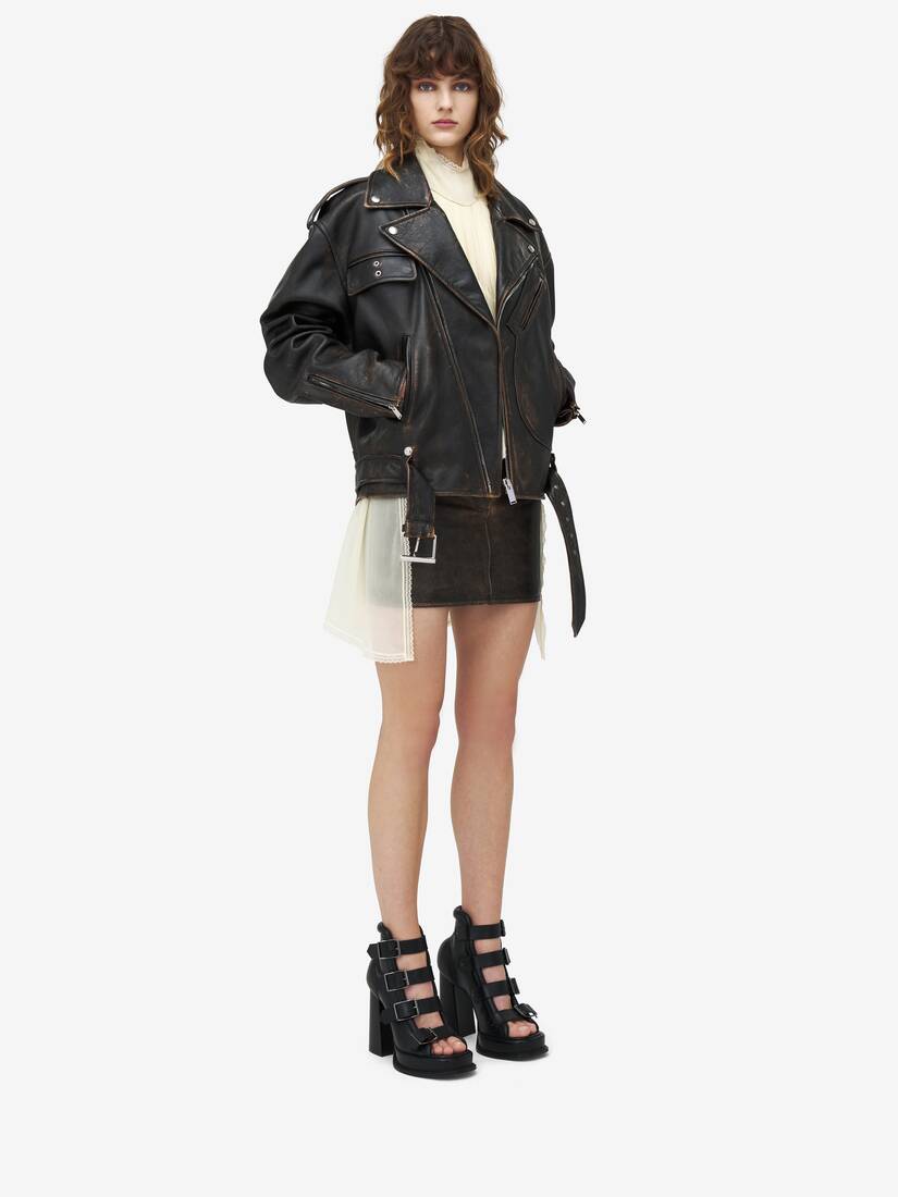 Veste Biker En Cuir Vieilli Oversize